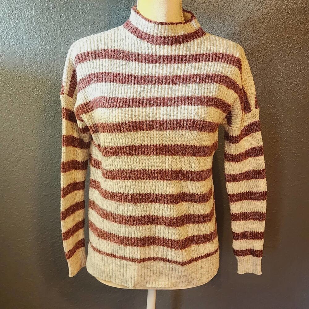 AMERICAN Eagle Cozy Cream Burgundy Gray Striped Sweater Mock Size Small